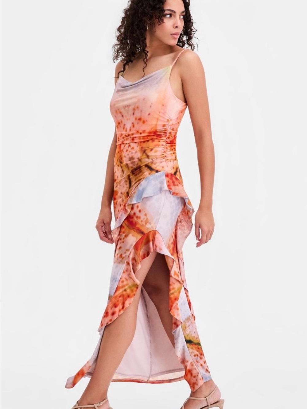 Bar III Coral & Peach High-Low Ruffle Slip Dress